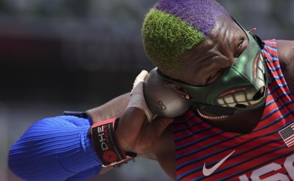 U.S. shot putter Raven Saunders competes in the final at the Summer Olympics on Sunday in Tokyo. U.S. shot putter Raven Saunders competes in the final at the Summer Olympics on Sunday in Tokyo.