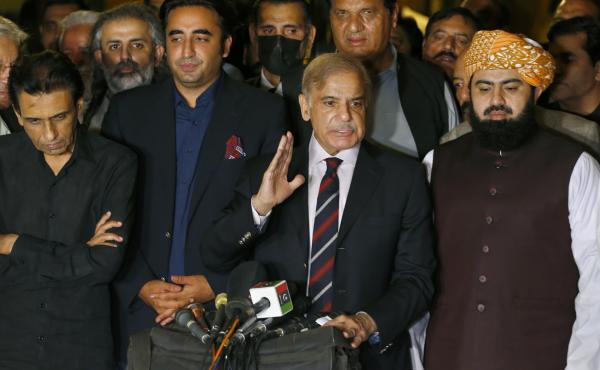 Pakistan's opposition leader Shahbaz Sharif, center, speaks while other opposition parties leader watch during a press conference after the Supreme Court decision, in Islamabad, Pakistan, on April 7, 2022. Pakistan's opposition leader Shahbaz Sharif, center, speaks while other opposition parties leader watch during a press conference after the Supreme Court decision, in Islamabad, Pakistan, on April 7, 2022.