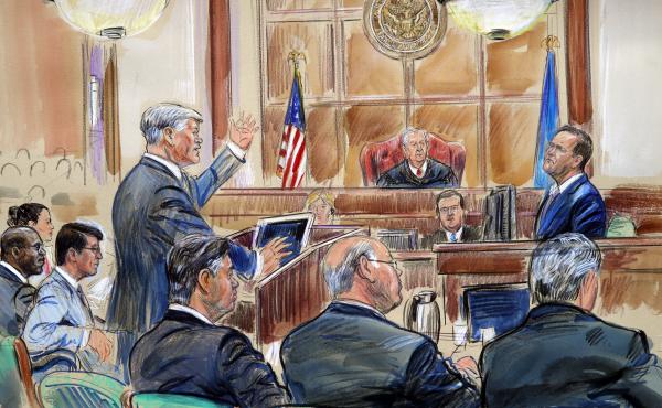 This courtroom sketch depicts defense lawyer Kevin Downing questioning Rick Gates, as former Trump campaign chairman Paul Manafort listens. This courtroom sketch depicts defense lawyer Kevin Downing questioning Rick Gates, as former Trump campaign chairman Paul Manafort listens.