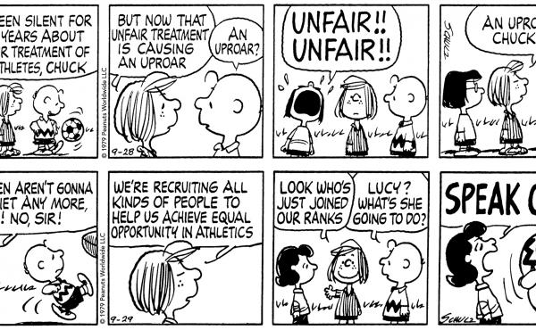 The Peanuts characters reminded readers of the importance of Title IX at a moment when many schools and athletic programs were resistant to it. The Peanuts characters reminded readers of the importance of Title IX at a moment when many schools and athletic programs were resistant to it.