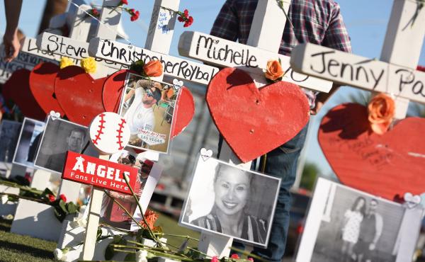 Some of the 58 white crosses for the victims of Sunday night's mass shooting last Sunday, on the Las Vegas Strip south of the Mandalay Bay hotel on Friday. "Their names and their stories will forever be etched into the hearts of the American people," Vice Some of the 58 white crosses for the victims of Sunday night's mass shooting last Sunday, on the Las Vegas Strip south of the Mandalay Bay hotel on Friday. "Their names and their stories will forever be etched into the hearts of the American people," Vice