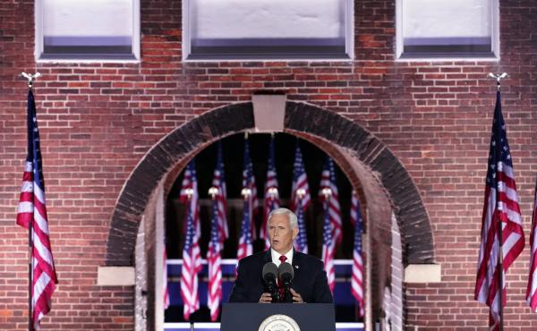 Vice President Pence speaks on the third day of the Republican National Convention at Fort McHenry in Baltimore. He stressed a law and order message as protests over racism and policing continue. Vice President Pence speaks on the third day of the Republican National Convention at Fort McHenry in Baltimore. He stressed a law and order message as protests over racism and policing continue.