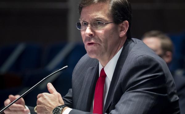 Defense Secretary Mark Esper, shown here last week on Capitol Hill, lists flags that are authorized to be displayed on U.S. military property in a memo Friday. The Confederate battle flag is missing from the list. Defense Secretary Mark Esper, shown here last week on Capitol Hill, lists flags that are authorized to be displayed on U.S. military property in a memo Friday. The Confederate battle flag is missing from the list.