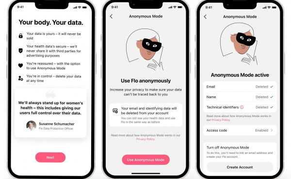 Product shots of the upcoming feature Anonymous mode on the period tracker app Flo. Product shots of the upcoming feature Anonymous mode on the period tracker app Flo.