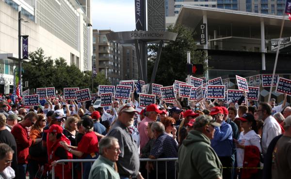 Attendees hold "We Vape, We Vote" signs ahead of a Trump rally last month in Dallas. The politics surrounding vaping and industry pushback against regulation appear to have derailed the Trump administration's plan to ban the sales of many vaping products. Attendees hold "We Vape, We Vote" signs ahead of a Trump rally last month in Dallas. The politics surrounding vaping and industry pushback against regulation appear to have derailed the Trump administration's plan to ban the sales of many vaping products.