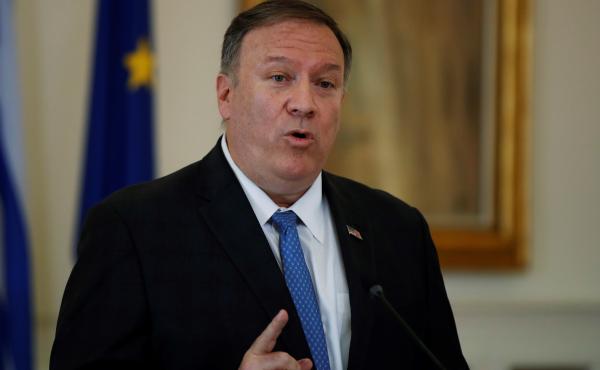 U.S. Secretary of State Mike Pompeo talks during a joint news conference with Greek Foreign Minister Nikos Dendias on Saturday in Athens. U.S. Secretary of State Mike Pompeo talks during a joint news conference with Greek Foreign Minister Nikos Dendias on Saturday in Athens.