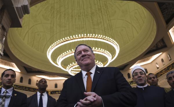 Secretary of State Mike Pompeo speaks to the press in the newly inaugurated Cathedral of the Nativity Christ, east of Cairo, on Thursday. Secretary of State Mike Pompeo speaks to the press in the newly inaugurated Cathedral of the Nativity Christ, east of Cairo, on Thursday.