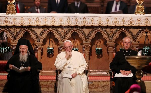Pope Francis, Archbishop of Canterbury Justin Portal Welby and Archbishop of Constantinople and Ecumenical Patriarch Bartholomew, shown at a meeting of prayer in the Basilica of St. Francis in 2016, are asking for climate action. Pope Francis, Archbishop of Canterbury Justin Portal Welby and Archbishop of Constantinople and Ecumenical Patriarch Bartholomew, shown at a meeting of prayer in the Basilica of St. Francis in 2016, are asking for climate action.