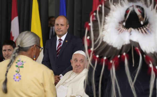 Pope Francis meets the Canadian Indigenous people as he arrives at Edmonton's International airport, Canada, on Sunday. Pope Francis meets the Canadian Indigenous people as he arrives at Edmonton's International airport, Canada, on Sunday.