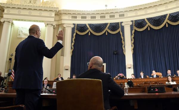The impeachment proceedings against President Trump have featured testimony by U.S. Ambassador to the European Union Gordon Sondland on a key cellphone conversation with Trump regarding Ukraine. Sondland is seen here being sworn in last month. The impeachment proceedings against President Trump have featured testimony by U.S. Ambassador to the European Union Gordon Sondland on a key cellphone conversation with Trump regarding Ukraine. Sondland is seen here being sworn in last month.