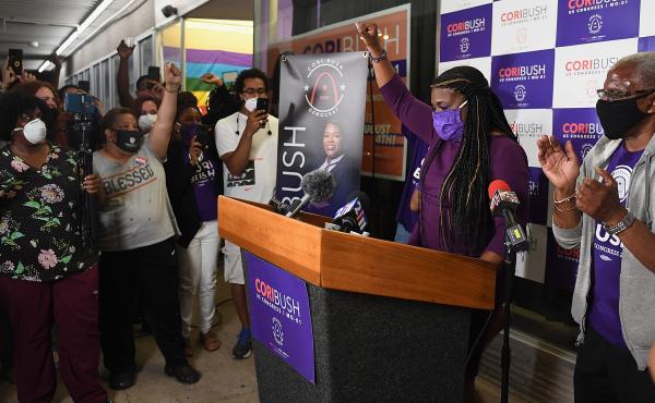 Cori Bush gives her victory speech at her campaign office on Tuesday in St. Louis. Cori Bush gives her victory speech at her campaign office on Tuesday in St. Louis.