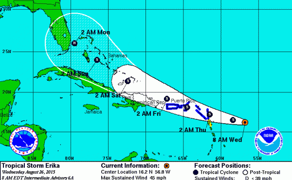A forecast by the National Hurricane Center shows Tropical Storm Erika gaining strength as it heads west toward Florida. A forecast by the National Hurricane Center shows Tropical Storm Erika gaining strength as it heads west toward Florida.