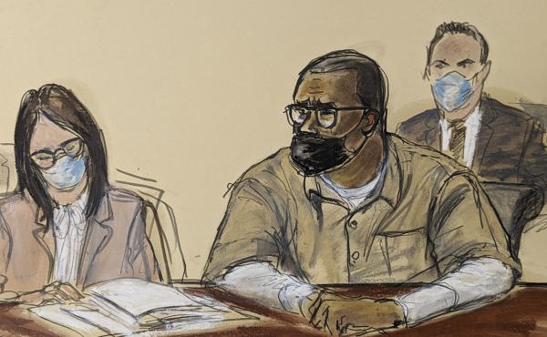 A sketch of R. Kelly during his sentencing hearing Wednesday in New York. A sketch of R. Kelly during his sentencing hearing Wednesday in New York.