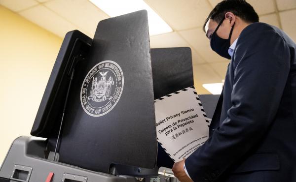 New York City Democratic mayoral candidate Andrew Yang prepares to cast his ballot at an early voting site last week. The election provides America's biggest-yet test for ranked-choice voting. New York City Democratic mayoral candidate Andrew Yang prepares to cast his ballot at an early voting site last week. The election provides America's biggest-yet test for ranked-choice voting.