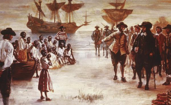 Engraving shows the arrival of a Dutch slave ship with a group of African slaves for sale, Jamestown, Va., 1619. Engraving shows the arrival of a Dutch slave ship with a group of African slaves for sale, Jamestown, Va., 1619.