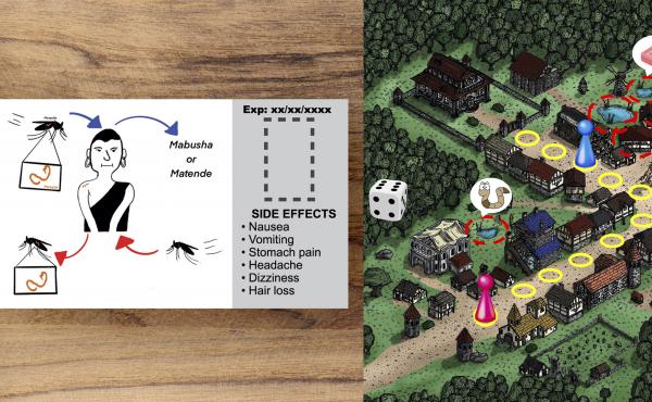 Students around the world were challenged to fight disease rumors in a 24-hour hackathon. From left: A proposed pill package featuring a Tanzanian comic character, designed by a team from Boston University. A board game to help teach kids about schistosom Students around the world were challenged to fight disease rumors in a 24-hour hackathon. From left: A proposed pill package featuring a Tanzanian comic character, designed by a team from Boston University. A board game to help teach kids about schistosom