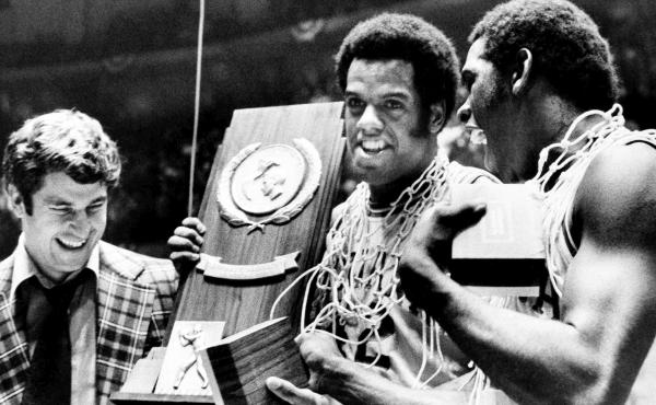 Indiana coach Bobby Knight and his players Scott May and Quinn Buckner celebrate the championship win that capped their undefeated season in 1975-76. No team has matched the feat in the decades since. Indiana coach Bobby Knight and his players Scott May and Quinn Buckner celebrate the championship win that capped their undefeated season in 1975-76. No team has matched the feat in the decades since.