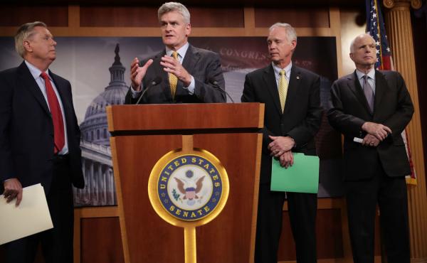 Sen. Lindsey Graham (from left), Sen. Bill Cassidy, Sen. Ron Johnson and Sen. John McCain, all Republicans, announced Thursday that they would not vote for a so-called skinny repeal of the Affordable Care Act without assurances from the House that the bil Sen. Lindsey Graham (from left), Sen. Bill Cassidy, Sen. Ron Johnson and Sen. John McCain, all Republicans, announced Thursday that they would not vote for a so-called skinny repeal of the Affordable Care Act without assurances from the House that the bil