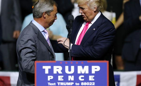 Republican presidential nominee Donald Trump greets British politician Nigel Farage during a campaign rally in Jackson, Miss., on Aug. 24, 2016. Journalist Carole Cadwalladr says "there are so many overlaps" between Russia, the Trump campaign and the Brex Republican presidential nominee Donald Trump greets British politician Nigel Farage during a campaign rally in Jackson, Miss., on Aug. 24, 2016. Journalist Carole Cadwalladr says "there are so many overlaps" between Russia, the Trump campaign and the Brex