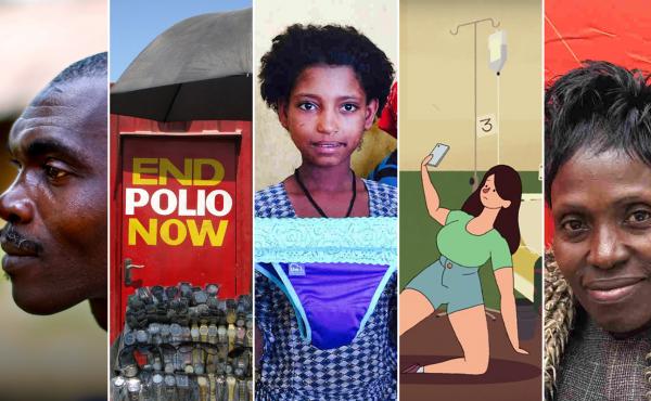 From left: Sekou Sheriff, of Barkedu village in Liberia, whose parents died at an Ebola treatment center; a polio vaccination booth in Pakistan; a schoolgirl in Ethiopia examines underwear with a pocket for a menstrual pad; an image from a video on the et From left: Sekou Sheriff, of Barkedu village in Liberia, whose parents died at an Ebola treatment center; a polio vaccination booth in Pakistan; a schoolgirl in Ethiopia examines underwear with a pocket for a menstrual pad; an image from a video on the et