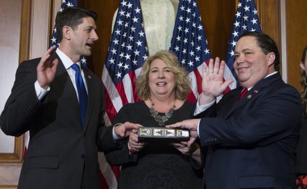 House Speaker Paul Ryan administers the House oath of office to Rep. Blake Farenthold, R-Texas, during a mock ceremony in January. Farenthold reached a private 2015 settlement for $84,000 with his former communications director over sexual harassment alle House Speaker Paul Ryan administers the House oath of office to Rep. Blake Farenthold, R-Texas, during a mock ceremony in January. Farenthold reached a private 2015 settlement for $84,000 with his former communications director over sexual harassment alle