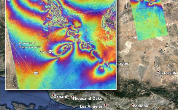 NASA's Advanced Rapid Imaging and Analysis team created this map, which shows surface displacement caused by the recent major earthquakes in Southern California. NASA's Advanced Rapid Imaging and Analysis team created this map, which shows surface displacement caused by the recent major earthquakes in Southern California.