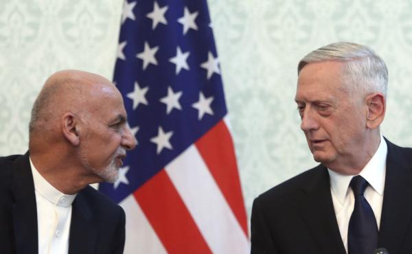 U.S. Defense Secretary Jim Mattis (right), with Afghan President Ashraf Ghani, arrived in Kabul on Wednesday. A rocket attack targeted Kabul's main airport on the same day. U.S. Defense Secretary Jim Mattis (right), with Afghan President Ashraf Ghani, arrived in Kabul on Wednesday. A rocket attack targeted Kabul's main airport on the same day.