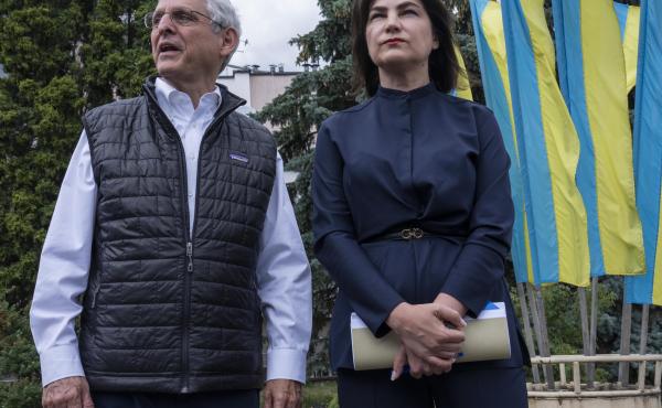U.S. Attorney General Merrick Garland and Ukrainian Prosecutor General Iryna Venediktova meet in Krakovets, along the Ukrainian border with Poland, on Tuesday. U.S. Attorney General Merrick Garland and Ukrainian Prosecutor General Iryna Venediktova meet in Krakovets, along the Ukrainian border with Poland, on Tuesday.