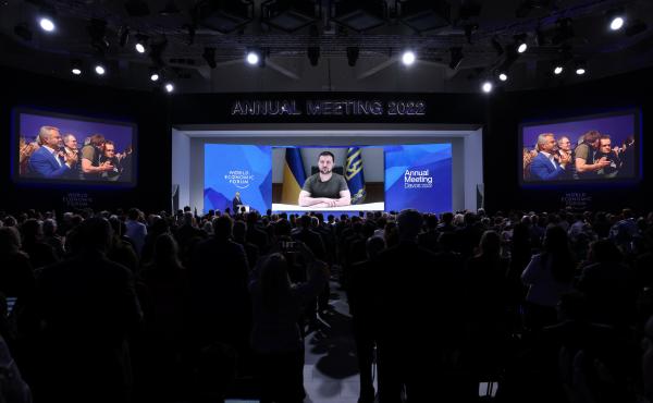 Ukrainian President Volodymyr Zelenskyy receives a standing ovation after his video address on the first day of the World Economic Forum in Davos, Switzerland, on Monday. Ukrainian President Volodymyr Zelenskyy receives a standing ovation after his video address on the first day of the World Economic Forum in Davos, Switzerland, on Monday.