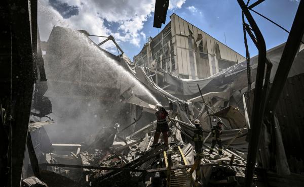 Firemen extinguish a fire at a gypsum manufacturing plant after shelling in the city of Bakhmut, in the eastern Ukrainian region of Donbas, on Friday. Russia pressed on with a deadly offensive to capture key points in the Donbas this week. Firemen extinguish a fire at a gypsum manufacturing plant after shelling in the city of Bakhmut, in the eastern Ukrainian region of Donbas, on Friday. Russia pressed on with a deadly offensive to capture key points in the Donbas this week.