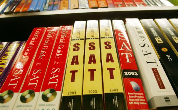 SAT test preparation books sit on a shelf at a bookstore in New York City. SAT test preparation books sit on a shelf at a bookstore in New York City.