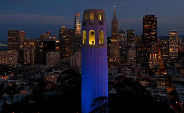 San Francisco's Coit Tower was lit up blue on April 9 as part of a nationwide tribute to health care workers and first responders on the front lines of the COVID-19 pandemic. San Francisco's Coit Tower was lit up blue on April 9 as part of a nationwide tribute to health care workers and first responders on the front lines of the COVID-19 pandemic.