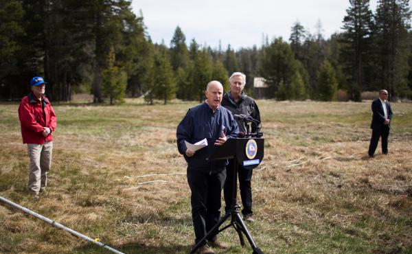Gov. Jerry Brown announced mandatory statewide water restrictions at the site of a manual snow survey on April 1, in Phillips, Calif. The recorded level was zero, the lowest in recorded history for California. Gov. Jerry Brown announced mandatory statewide water restrictions at the site of a manual snow survey on April 1, in Phillips, Calif. The recorded level was zero, the lowest in recorded history for California.