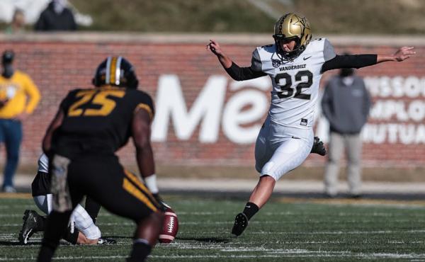 Sarah Fuller of the Vanderbilt Commodores kicks off Saturday in the second half against the University of Missouri Tigers at Memorial Stadium in Columbia, Mo. Sarah Fuller of the Vanderbilt Commodores kicks off Saturday in the second half against the University of Missouri Tigers at Memorial Stadium in Columbia, Mo.