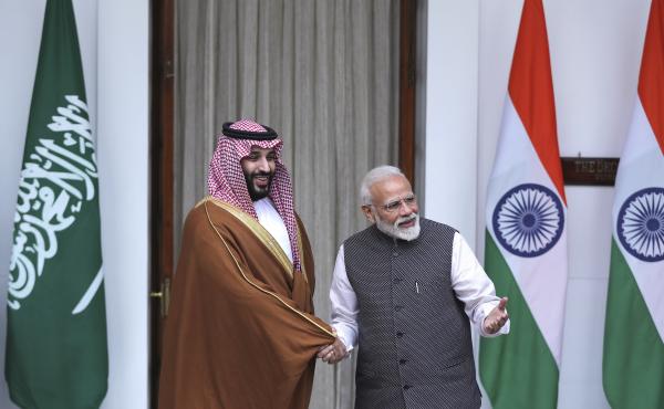 Indian Prime Minister Narendra Modi, right, shakes hands with Saudi Crown Prince Mohammed bin Salman before the start of their meeting in New Delhi, on Wednesday. Indian Prime Minister Narendra Modi, right, shakes hands with Saudi Crown Prince Mohammed bin Salman before the start of their meeting in New Delhi, on Wednesday.