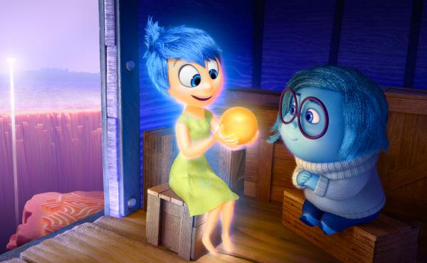Joy (left, voiced by Amy Poehler) and Sadness (voiced by Phyllis Smith) catch a ride on the Train of Thought in Pixar's Inside Out. The movie opens in theaters nationwide June 19. Joy (left, voiced by Amy Poehler) and Sadness (voiced by Phyllis Smith) catch a ride on the Train of Thought in Pixar's Inside Out. The movie opens in theaters nationwide June 19.