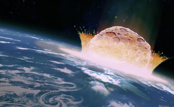 A computer illustration of a large asteroid colliding with Earth. (Size may not be to scale.) Such an impact is believed to have led to the death of the dinosaurs some 66 million years ago. A computer illustration of a large asteroid colliding with Earth. (Size may not be to scale.) Such an impact is believed to have led to the death of the dinosaurs some 66 million years ago.