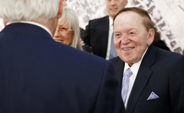 Sheldon Adelson, with his wife, Miriam, talks with then-Secretary of State Rex Tillerson before a 2017 speech by President Trump at the Israel Museum in Jerusalem. Sheldon Adelson, with his wife, Miriam, talks with then-Secretary of State Rex Tillerson before a 2017 speech by President Trump at the Israel Museum in Jerusalem.
