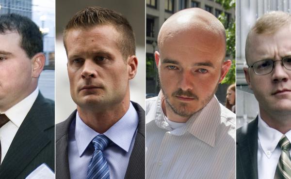 Blackwater guards, from left, Dustin Heard, Evan Liberty, Nicholas Slatten and Paul Slough were pardoned by President Trump this week. The former government contractors were convicted in a 2007 massacre in Baghdad that left more a dozen Iraqi civilians de Blackwater guards, from left, Dustin Heard, Evan Liberty, Nicholas Slatten and Paul Slough were pardoned by President Trump this week. The former government contractors were convicted in a 2007 massacre in Baghdad that left more a dozen Iraqi civilians de