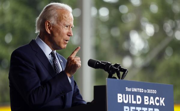 Democratic presidential candidate Joe Biden speaks in Dunmore, Pa., on July 9, at one of the few in-person events he's holding. Despite a low-key approach to campaigning, he's built a lead over President Trump in key battleground states. Democratic presidential candidate Joe Biden speaks in Dunmore, Pa., on July 9, at one of the few in-person events he's holding. Despite a low-key approach to campaigning, he's built a lead over President Trump in key battleground states.