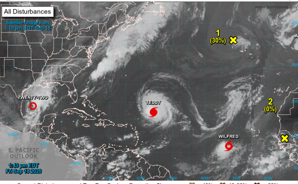 Satellite images of storms forming in the Atlantic Ocean. Tropical Storm Wilfred is the last named storm of the 2020 season using the English alphabet. Satellite images of storms forming in the Atlantic Ocean. Tropical Storm Wilfred is the last named storm of the 2020 season using the English alphabet.
