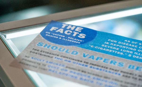 A flyer reminding customers about vaping-related deaths and illnesses, on display in a Seattle vape store. The Washington State Board of Health recently passed a four-month emergency ban on flavored vaping products. It applies to products that contain eit A flyer reminding customers about vaping-related deaths and illnesses, on display in a Seattle vape store. The Washington State Board of Health recently passed a four-month emergency ban on flavored vaping products. It applies to products that contain eit
