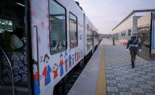 The DMZ train sits at the Dorasan Station, just south of the inter-Korean border. The DMZ train sits at the Dorasan Station, just south of the inter-Korean border.