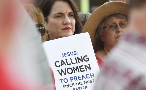 Janene Cates Putman of Athens, Tenn., demonstrates outside the Southern Baptist Convention's annual meeting on Tuesday, during a rally in Birmingham, Ala. Janene Cates Putman of Athens, Tenn., demonstrates outside the Southern Baptist Convention's annual meeting on Tuesday, during a rally in Birmingham, Ala.