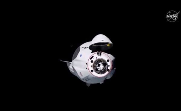 SpaceX's Crew Dragon capsule approaches the International Space Station ahead of docking Sunday. SpaceX's Crew Dragon capsule approaches the International Space Station ahead of docking Sunday.