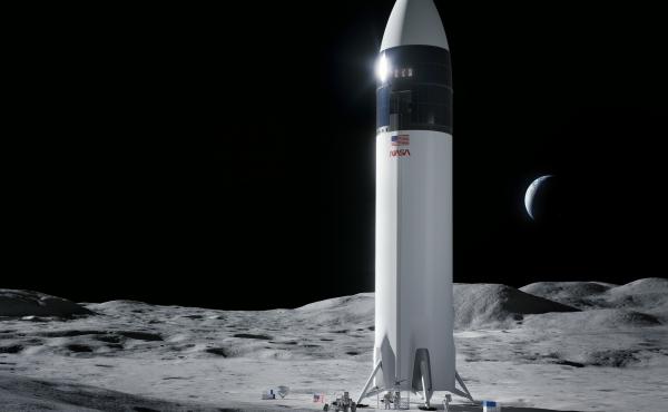 Illustration of SpaceX Starship human lander design that will carry the first NASA astronauts to the surface of the moon under the Artemis program. Illustration of SpaceX Starship human lander design that will carry the first NASA astronauts to the surface of the moon under the Artemis program.
