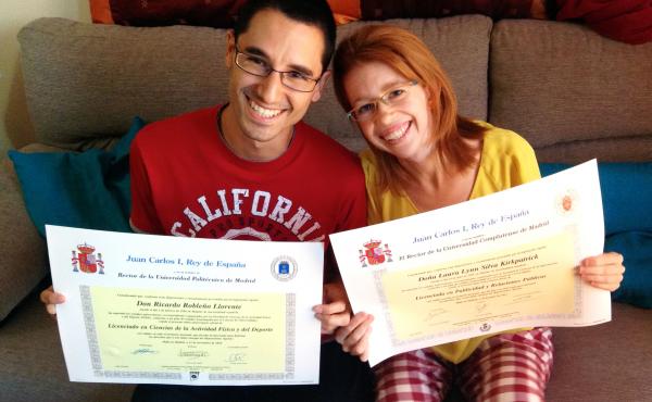 Ricardo Robleño Llorente and his wife, Laura Silva Kirkpatrick, show their college degrees at home in Madrid. Even though they have two bachelor's degrees and a master's between them, they were unable to find permanent work through most of their 20s, dur Ricardo Robleño Llorente and his wife, Laura Silva Kirkpatrick, show their college degrees at home in Madrid. Even though they have two bachelor's degrees and a master's between them, they were unable to find permanent work through most of their 20s, dur