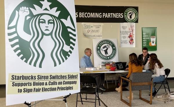Starbucks workers and organizers in Buffalo, N.Y., discuss efforts to unionize three local stores on Oct. 28. Starbucks workers and organizers in Buffalo, N.Y., discuss efforts to unionize three local stores on Oct. 28.