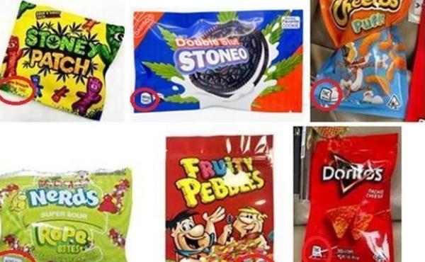 Six examples of products resembling standard snack items. The featured products contain THC, a main ingredient in marijuana edibles. Six examples of products resembling standard snack items. The featured products contain THC, a main ingredient in marijuana edibles.