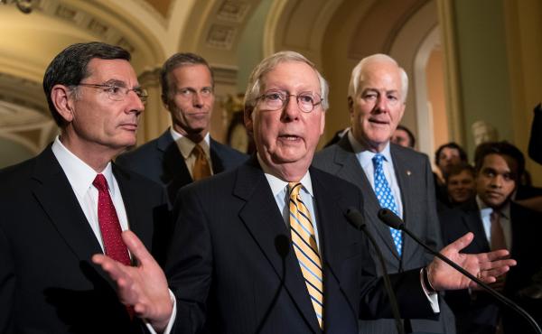 Senate Majority Leader Mitch McConnell, R-Ky., joined by (from left) Sen. John Barrasso, R-Wyo., Sen. John Thune, R-S.D., and Senate Majority Whip John Cornyn of Texas, discussed health care overhaul with reporters on Capitol Hill Tuesday. Senate Majority Leader Mitch McConnell, R-Ky., joined by (from left) Sen. John Barrasso, R-Wyo., Sen. John Thune, R-S.D., and Senate Majority Whip John Cornyn of Texas, discussed health care overhaul with reporters on Capitol Hill Tuesday.